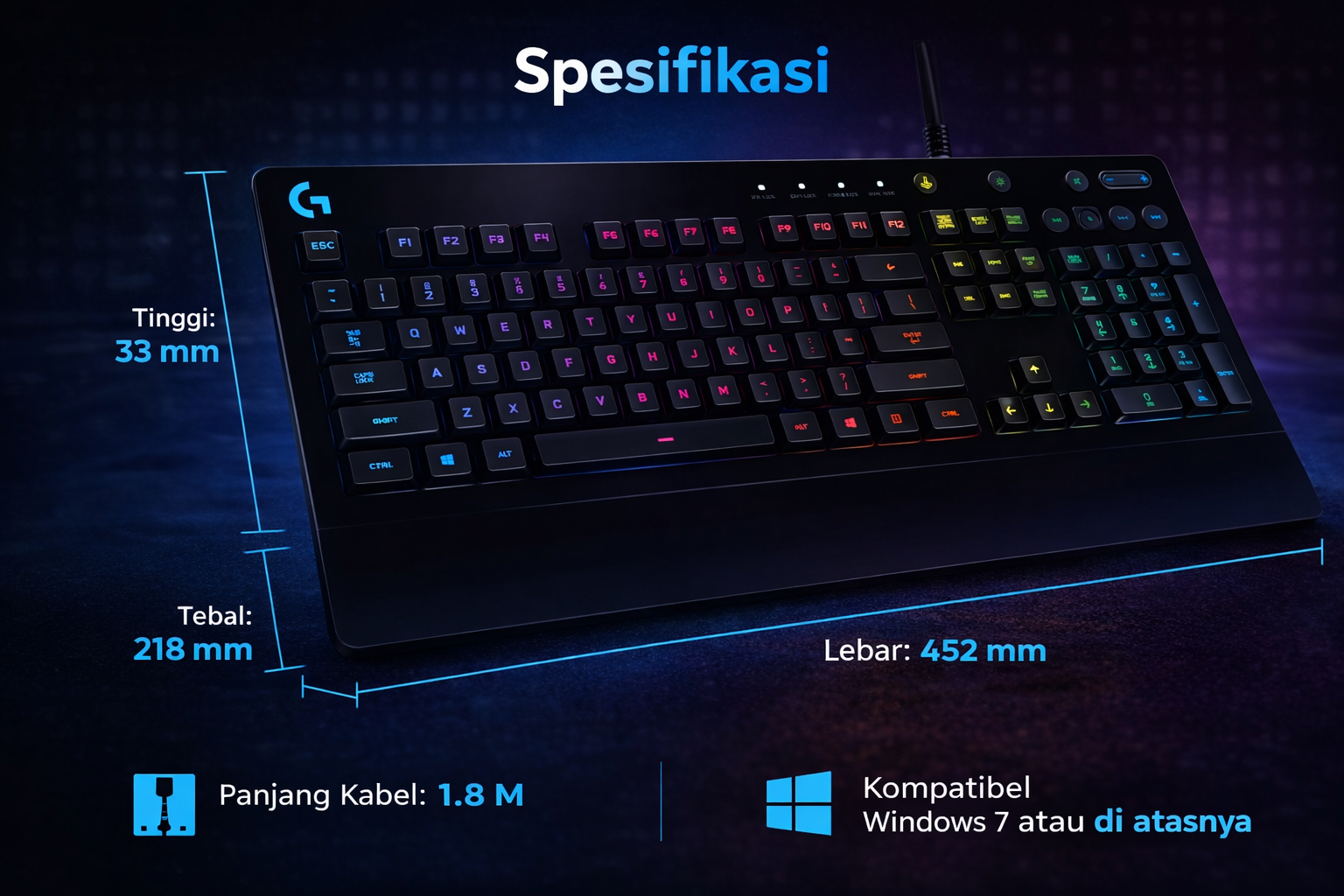 Logitech USB Keyboard Gaming Kabel RGB Full Size - G213 Prodigy Gambar produk Logitech USB Keyboard Gaming Kabel RGB Full Size - G213 Prodigy