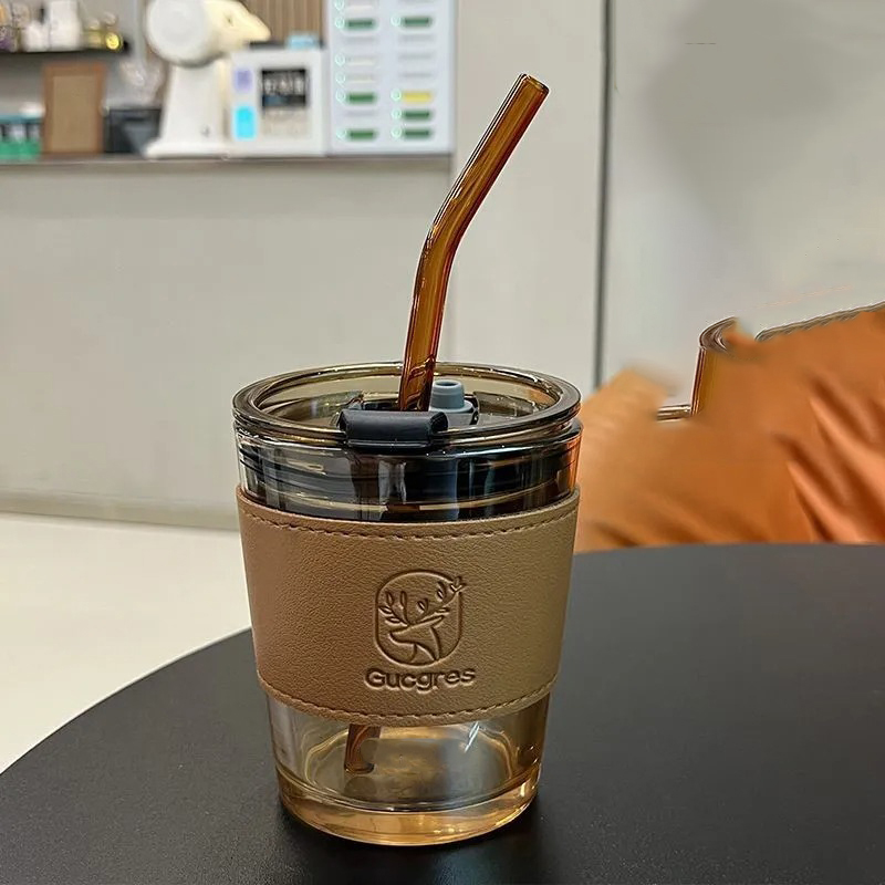 Gucgres Gelas Tumbler Kopi Kaca Glass Cup Leather Cover with Straw 350ml - HD-12 Gambar produk Gucgres Gelas Tumbler Kopi Kaca Glass Cup Leather Cover with Straw 350ml - HD-12
