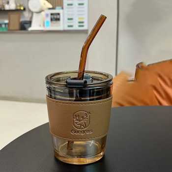 Gucgres Gelas Tumbler Kopi Kaca Glass Cup Leather Cover with Straw - HD-12