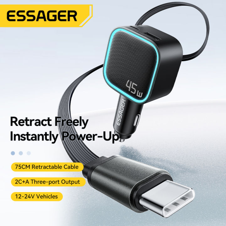 ESSAGER Car Charger Mobil Fast Charging PD 45W with Retractable Cable - F779 Gambar produk ESSAGER Car Charger Mobil Fast Charging PD 45W with Retractable Cable - F779