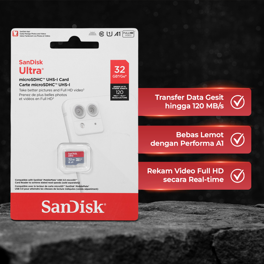 SanDisk Ultra microSDHC UHS-I Class 10 A1 120MB/s 32GB - SDSQUA4 Gambar produk SanDisk Ultra microSDHC UHS-I Class 10 A1 120MB/s 32GB - SDSQUA4