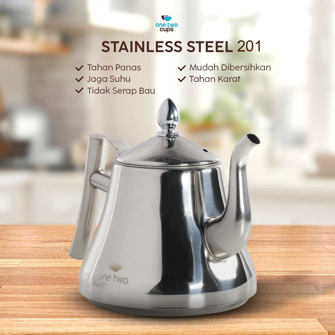 One Two Cups Teko Teh Stainless Steel Saringan Tahan Panas Teapot 1L - HS4012 Gambar produk One Two Cups Teko Teh Stainless Steel Saringan Tahan Panas Teapot 1L - HS4012