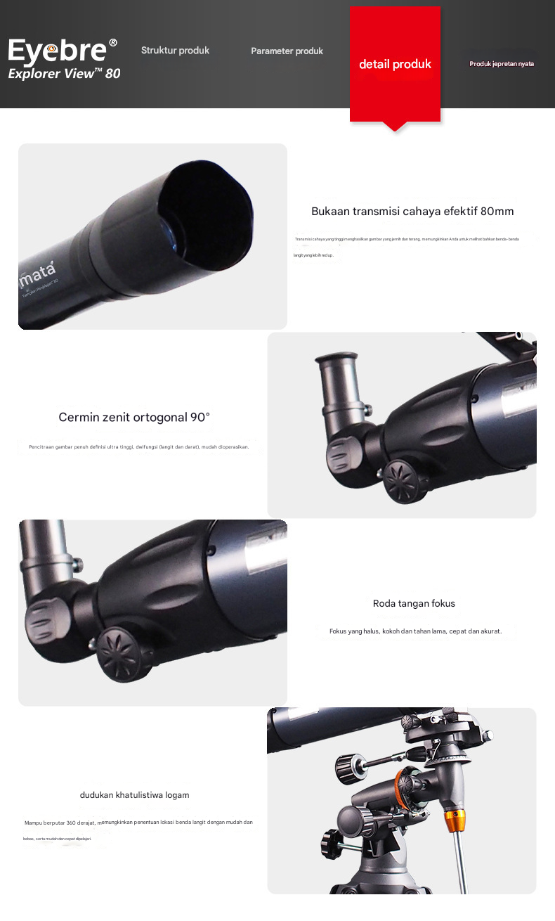 Eyebre Teleskop Astronomi 900/80mm dengan Cermin Zenith EQ Mount - 90080EQ Gambar produk Eyebre Teleskop Astronomi 900/80mm dengan Cermin Zenith EQ Mount - 90080EQ