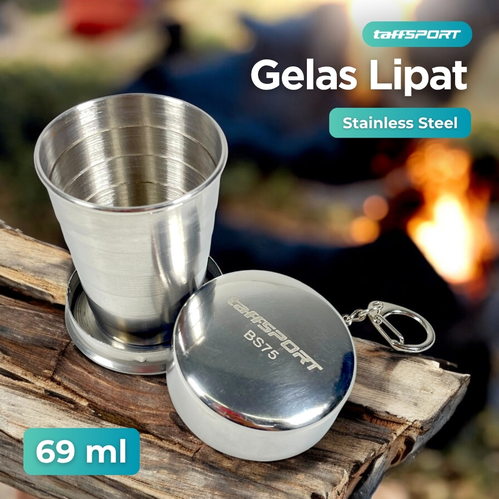TaffSPORT Gelas Lipat Stainless Steel Foldable Cup Carabiner 69ml - YL37802 Gambar produk TaffSPORT Gelas Lipat Stainless Steel Foldable Cup Carabiner 69ml - YL37802