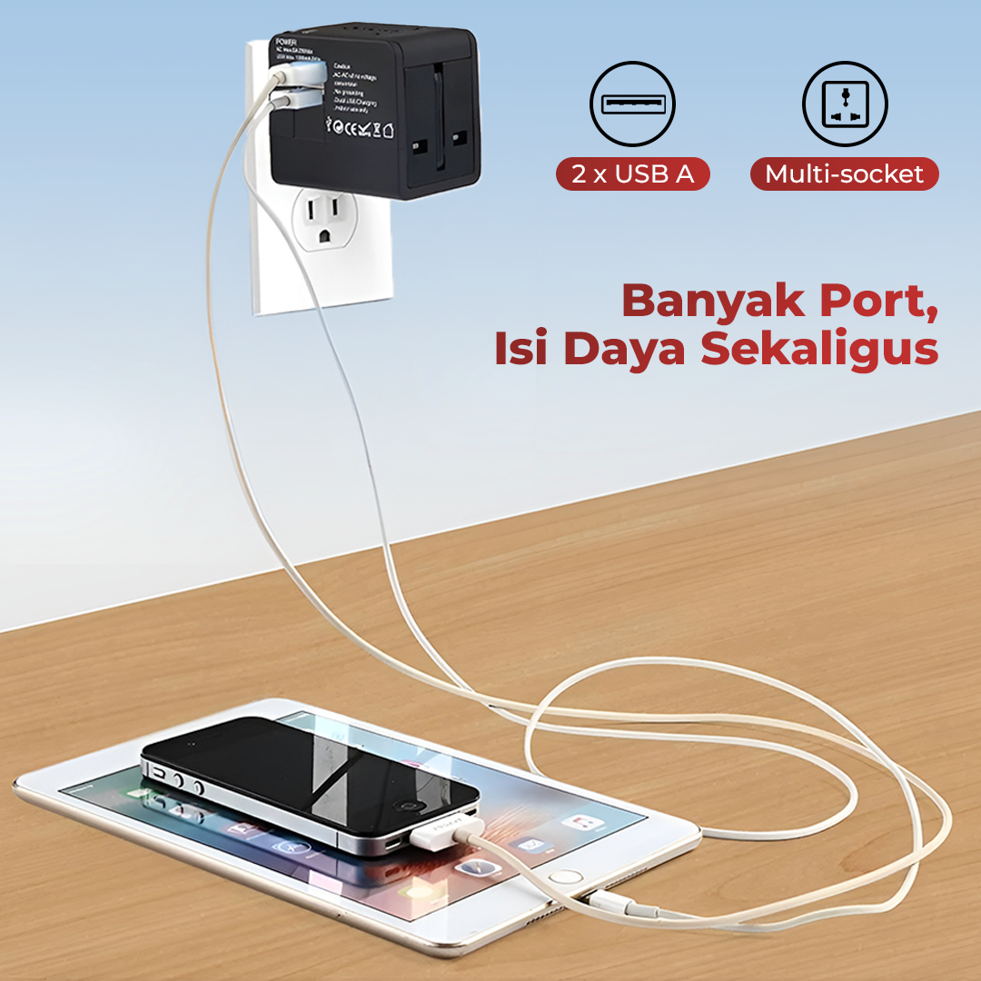Taffware Travel Adaptor Universal EU UK US/AU with 2 Port USB A 2.1A - JY-148 Gambar produk Taffware Travel Adaptor Universal EU UK US/AU with 2 Port USB A 2.1A - JY-148