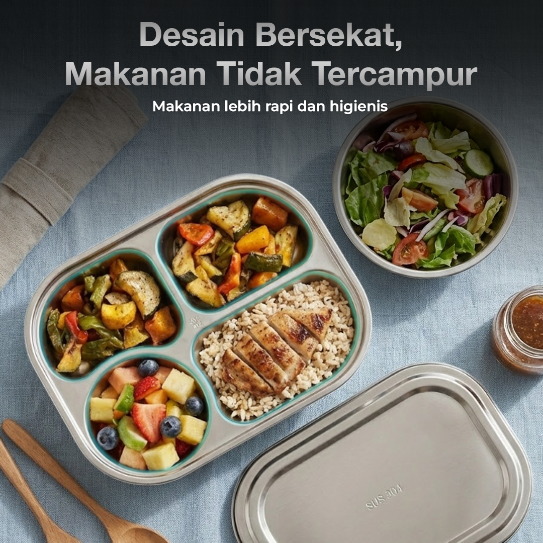 WIMPY Piring Makan Stainless Steel 304 Tray Fast Food 4 Grid - W-005 Gambar produk WIMPY Piring Makan Stainless Steel 304 Tray Fast Food 4 Grid - W-005