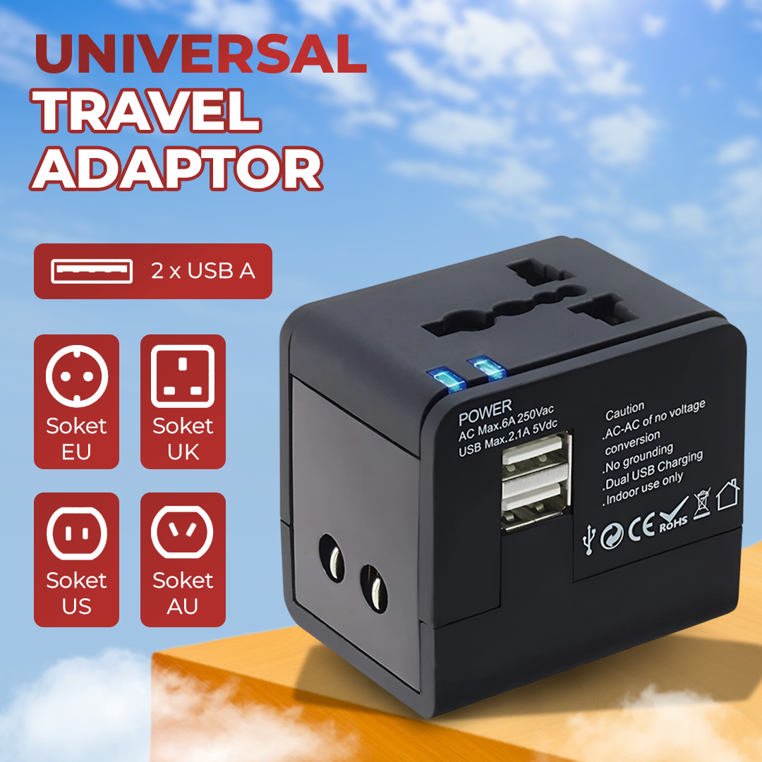 Taffware Travel Adaptor Universal EU UK US/AU with 2 Port USB A 2.1A - JY-148 Gambar produk Taffware Travel Adaptor Universal EU UK US/AU with 2 Port USB A 2.1A - JY-148