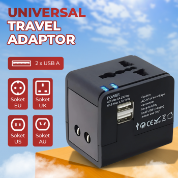 Gambar produk Travel Adaptor Universal EU UK US/AUST dengan 2 Port USB A 2.1A - JY-148