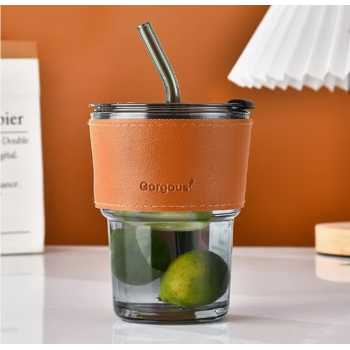 GORGOUS Gelas Tumbler Kopi Bamboo Stem Cup Kaca 400ml with Straw - HD-13