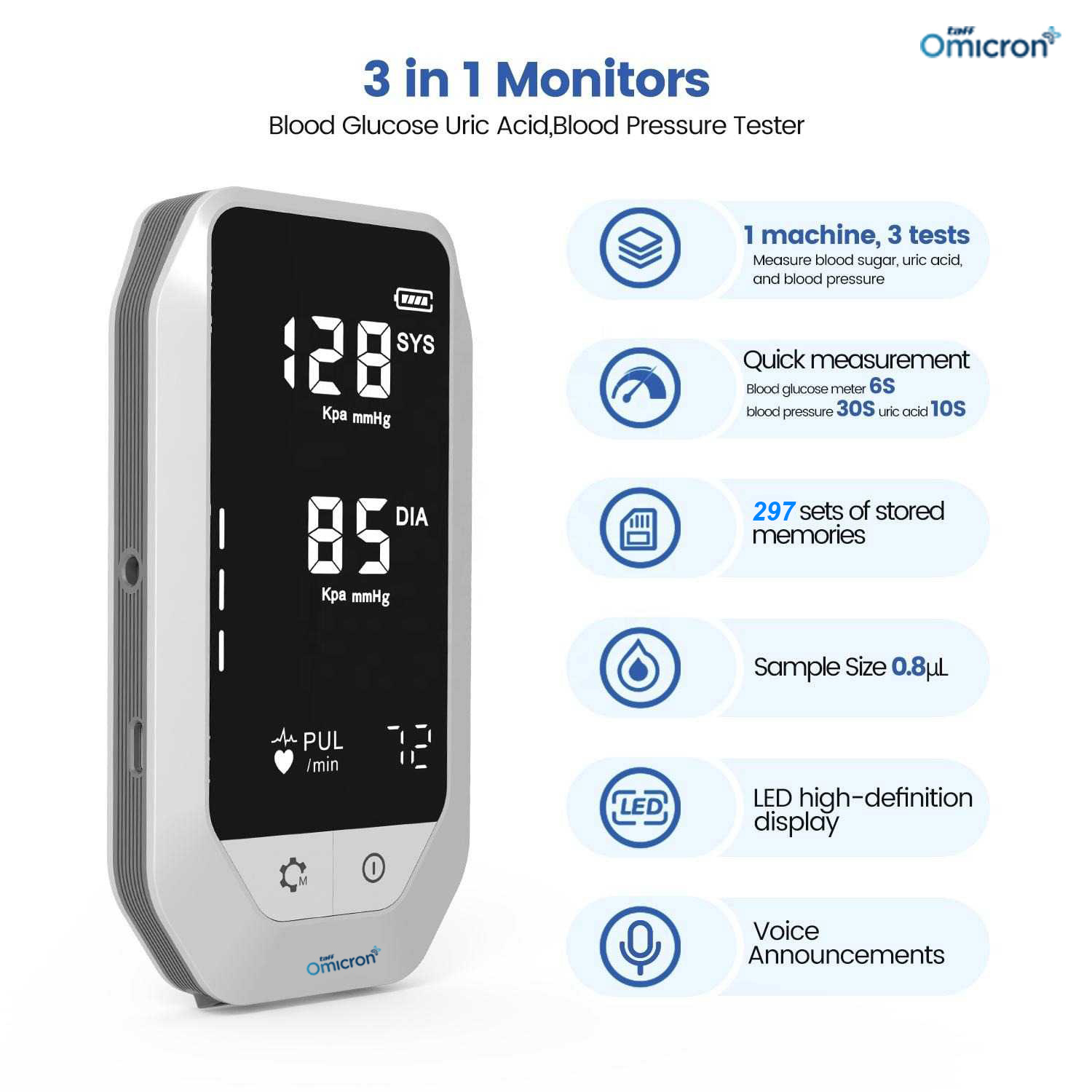 TaffOmicron Alat Cek Gula Darah Asam Urat Tensi 3in1 100 Test Strips - GUP-T6 Gambar produk TaffOmicron Alat Cek Gula Darah Asam Urat Tensi 3in1 100 Test Strips - GUP-T6