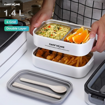 Gambar produk TaffHOME Kotak Makan Lunch Box Stainless Steel Double Layer 1.4L Grid 4 - J274