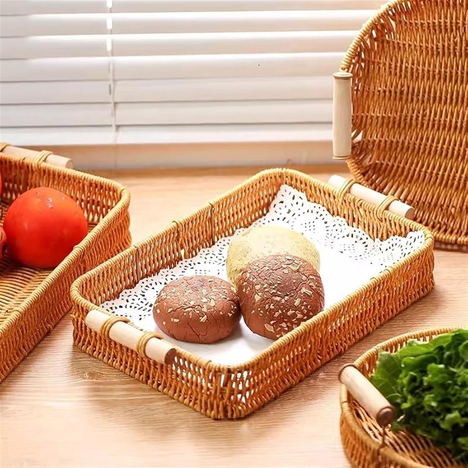 Slyz Tatakan Nampan Rotan Fruit Tray Basket with Handle 35x25x5.5cm - Slyz200 Gambar produk Slyz Tatakan Nampan Rotan Fruit Tray Basket with Handle 35x25x5.5cm - Slyz200