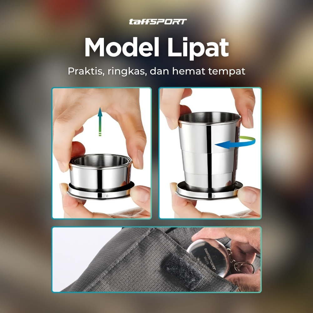 TaffSPORT Gelas Lipat Stainless Steel Foldable Cup Carabiner 69ml - YL37802 Gambar produk TaffSPORT Gelas Lipat Stainless Steel Foldable Cup Carabiner 69ml - YL37802