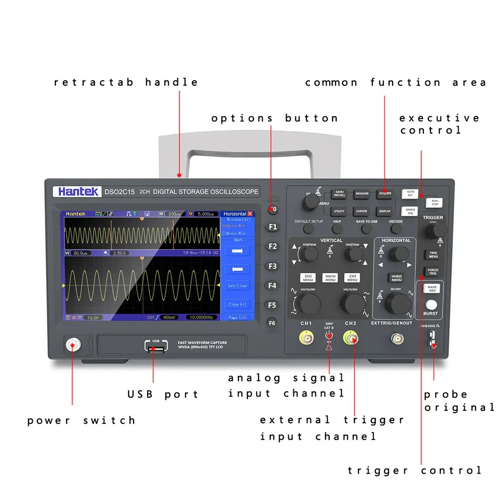 Hantek Digital Storage Oscilloscope Signal Generator with P4100 Probe - DS02D15 Gambar produk Hantek Digital Storage Oscilloscope Signal Generator with P4100 Probe - DS02D15
