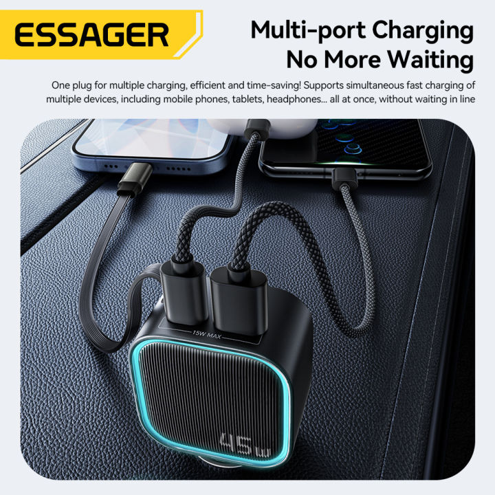 ESSAGER Car Charger Mobil Fast Charging PD 45W with Retractable Cable - F779 Gambar produk ESSAGER Car Charger Mobil Fast Charging PD 45W with Retractable Cable - F779