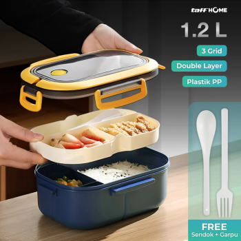 Gambar produk HOMEFAVOR Kotak Makan Anti Tumpah Lunch Box Double Layer 3 Grid 1.2L - HF225
