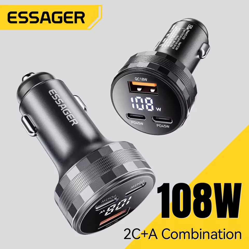 ESSAGER Digital Display Car Charger 2 USB Type C PD45W 12V-24V 108W - ECC2CA-JS01-P Gambar produk ESSAGER Digital Display Car Charger 2 USB Type C PD45W 12V-24V 108W - ECC2CA-JS01-P