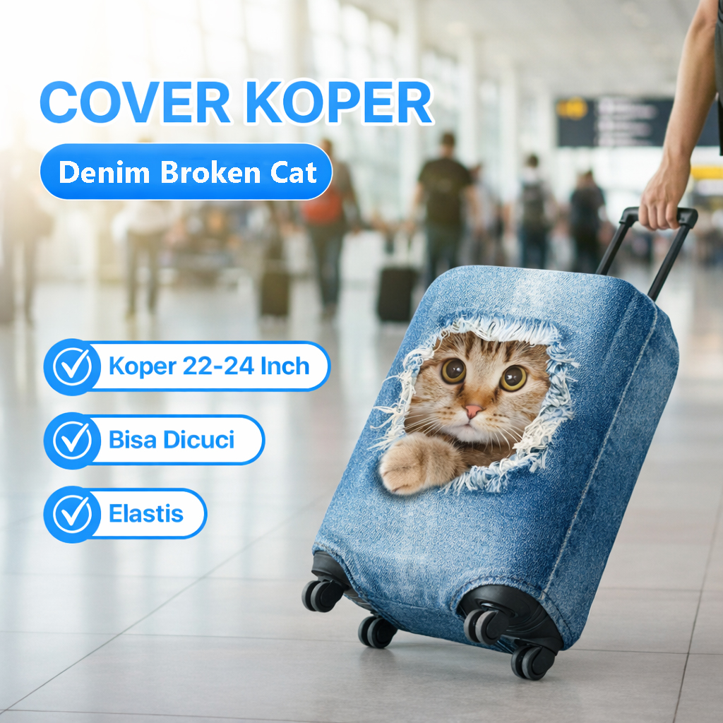 TravGuard Sarung Koper Elastis Polyester Spandex Luggage Cover M Denim Broken Cat - H-22 Gambar produk TravGuard Sarung Koper Elastis Polyester Spandex Luggage Cover M Denim Broken Cat - H-22