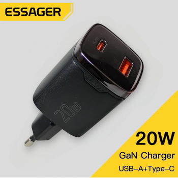 ESSAGER Kepala Charger Dual Port GaN Fast Charging QC 3.0 PD 20W - ECT20W