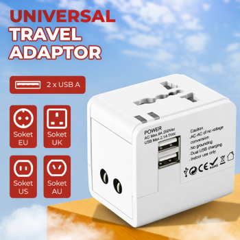 Travel Adaptor Universal EU UK US/AUST dengan 2 Port USB A 2.1A - JY-148