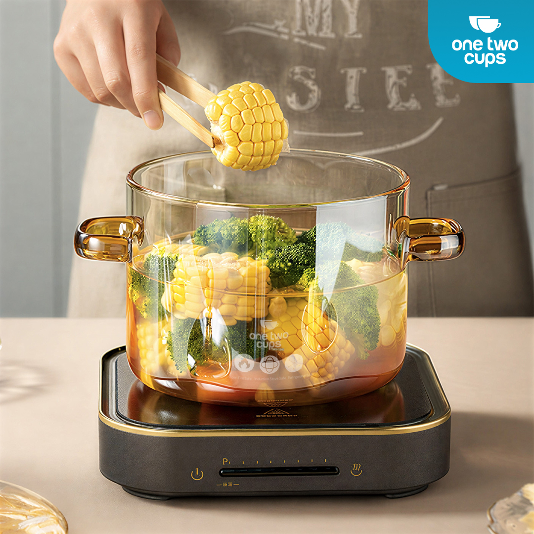 One Two Cups Panci Kaca Glass Cooking Pot Borosilicate Tahan Panas Api 15cm - YWJ-1265 Gambar produk One Two Cups Panci Kaca Glass Cooking Pot Borosilicate Tahan Panas Api 15cm - YWJ-1265