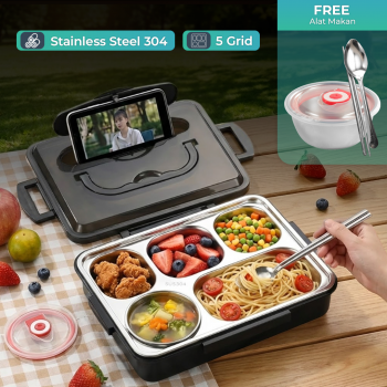 Gambar produk PORS Kotak Makan Stainless Steel 304 Leakproof with Soup Bowl 5 Grid - P-5