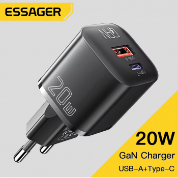 ESSAGER Kepala Charger Dual Port GaN Fast Charging QC 3.0 PD 20W - ECT20W