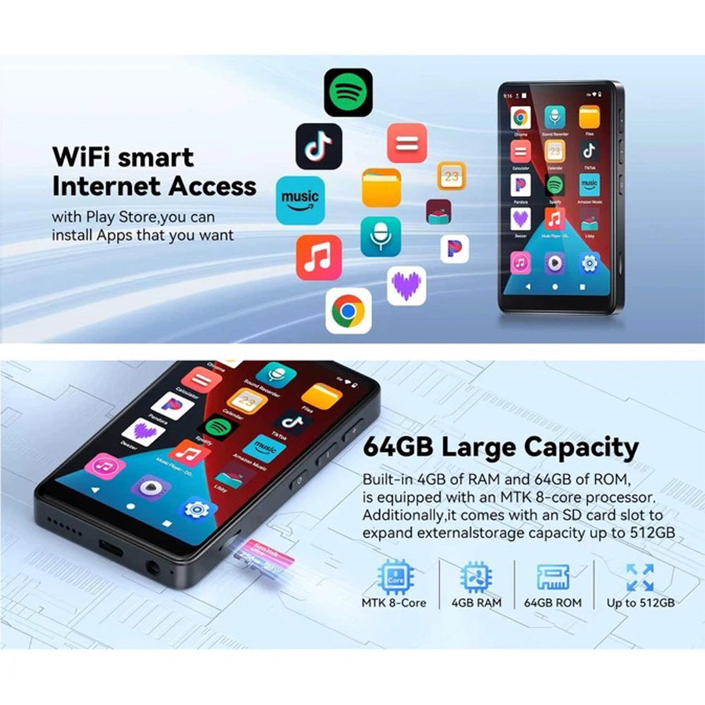 RUIZU MP3 Digital Audio Player Bluetooth Android 14 MP4 64GB 2050mAh - D65 Gambar produk RUIZU MP3 Digital Audio Player Bluetooth Android 14 MP4 64GB 2050mAh - D65