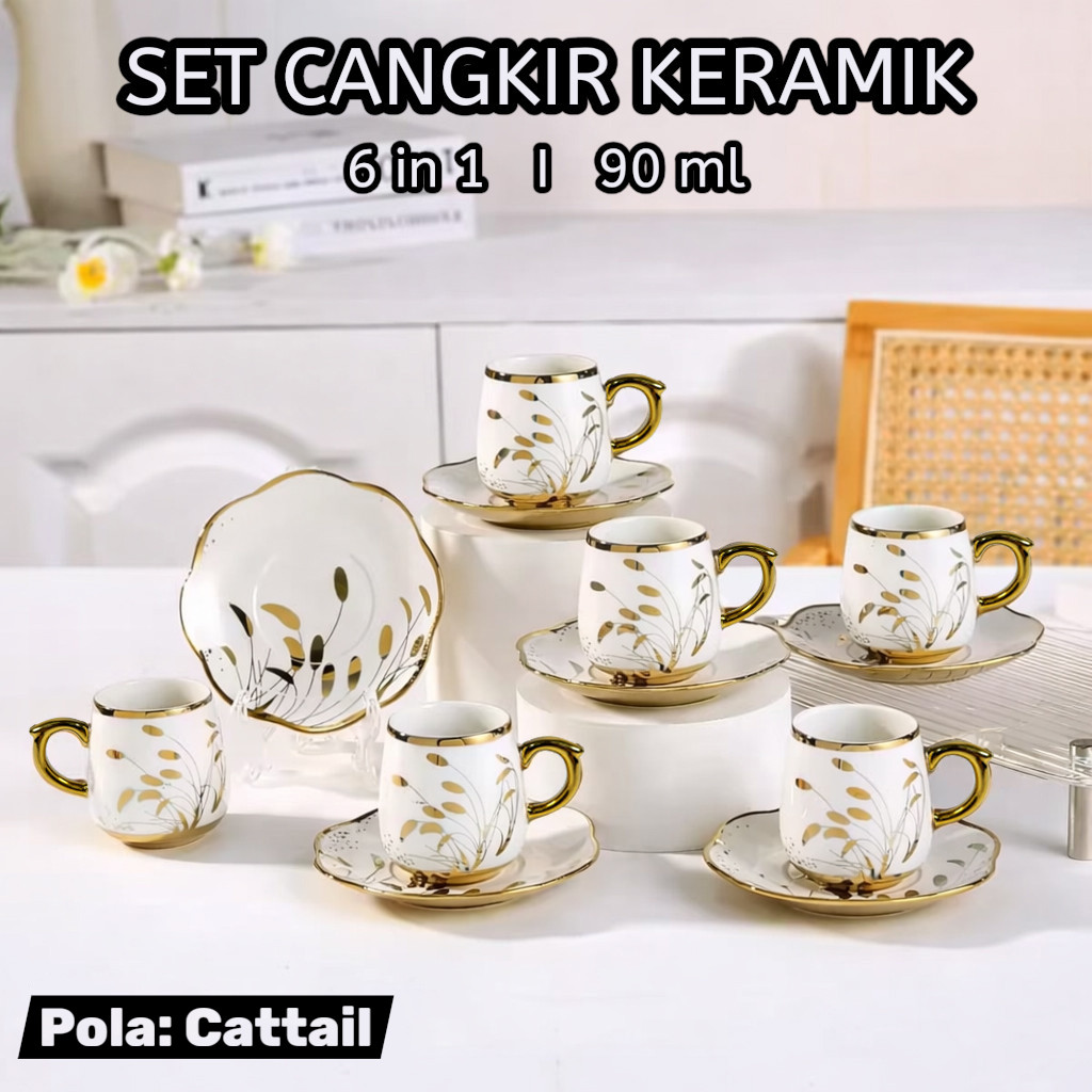 ONLYJIA Set Cangkir Kopi Keramik 6in1 Plated Pattern Coffee Cup 90ml Cattail - DW3354 Gambar produk ONLYJIA Set Cangkir Kopi Keramik 6in1 Plated Pattern Coffee Cup 90ml Cattail - DW3354