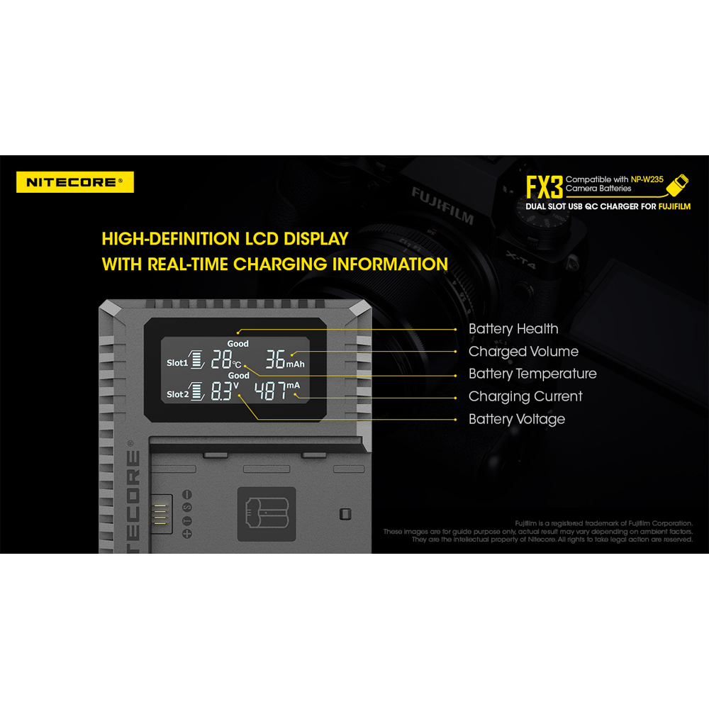 Gambar produk NITECORE Charger Baterai 2 Slot Fujifilm NP-W235 QC Digital Display - FX3