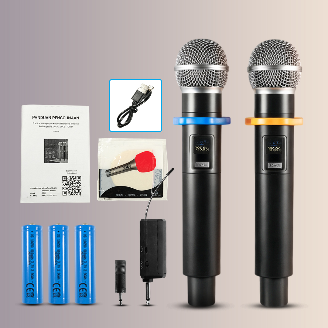 Fradical Microphone Karaoke Handheld Wireless Rechargeable 2.4GHz 2PCS - FDR24 Gambar produk Fradical Microphone Karaoke Handheld Wireless Rechargeable 2.4GHz 2PCS - FDR24