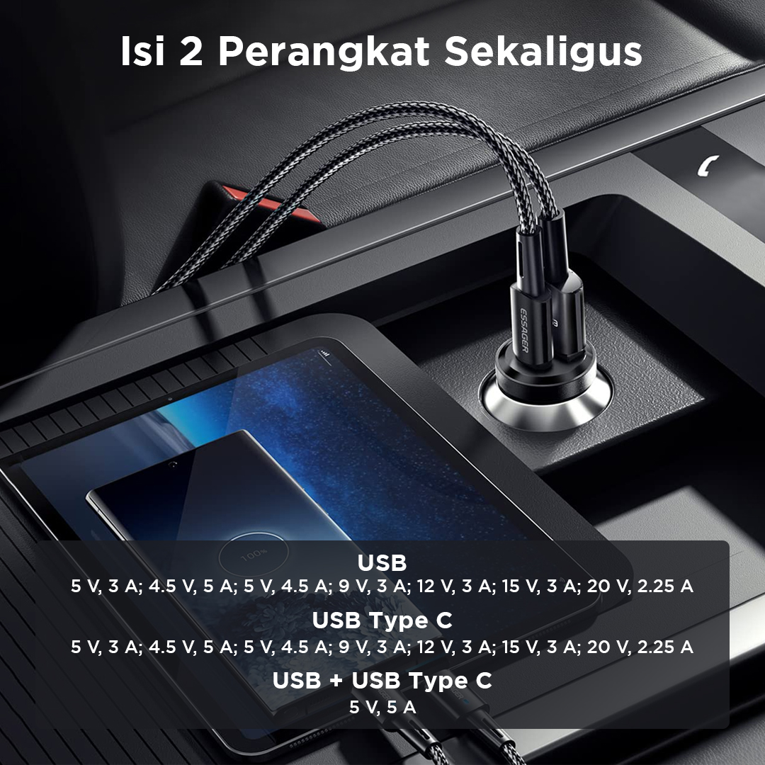 Gambar produk ESSAGER Car Charger Mobil Fast Charging PD QC 4.0 Dual USB 5A 45W - ECCAC45-TL01-P