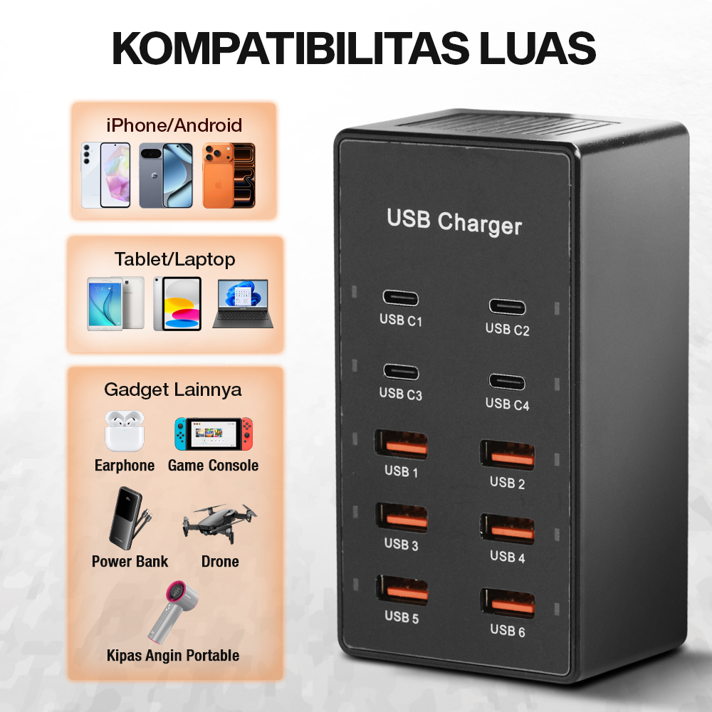Gambar produk ALASICKA USB Hub Charger 10 Multi Port Type C 5V/2.4A 60W EU Plug - YC-A6