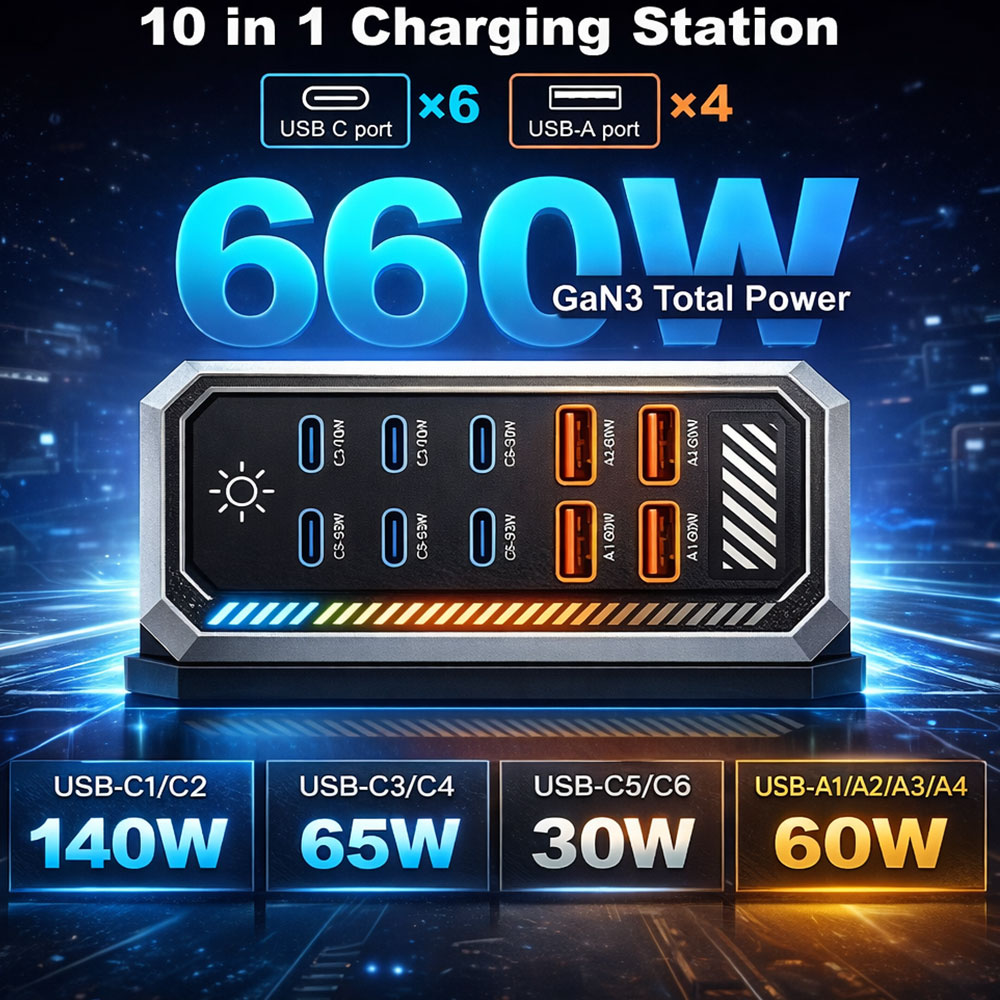 Asometech Charger Station Fast Charging Touch10 Port Type C GaN 660W - YMX-660W Gambar produk Asometech Charger Station Fast Charging Touch10 Port Type C GaN 660W - YMX-660W