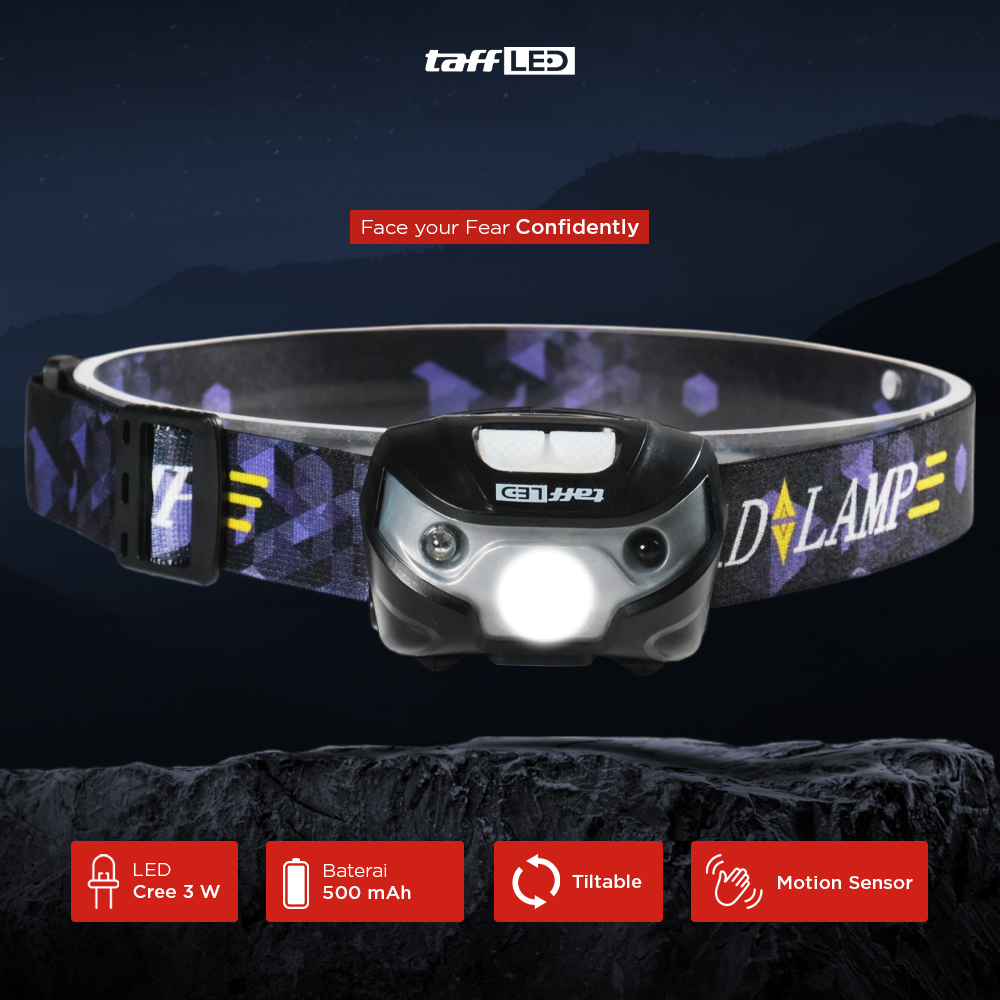 TaffLED Headlamp Flashlight Rechargeable USB with Motion Sensor - HE30 Gambar produk TaffLED Headlamp Flashlight Rechargeable USB with Motion Sensor - HE30
