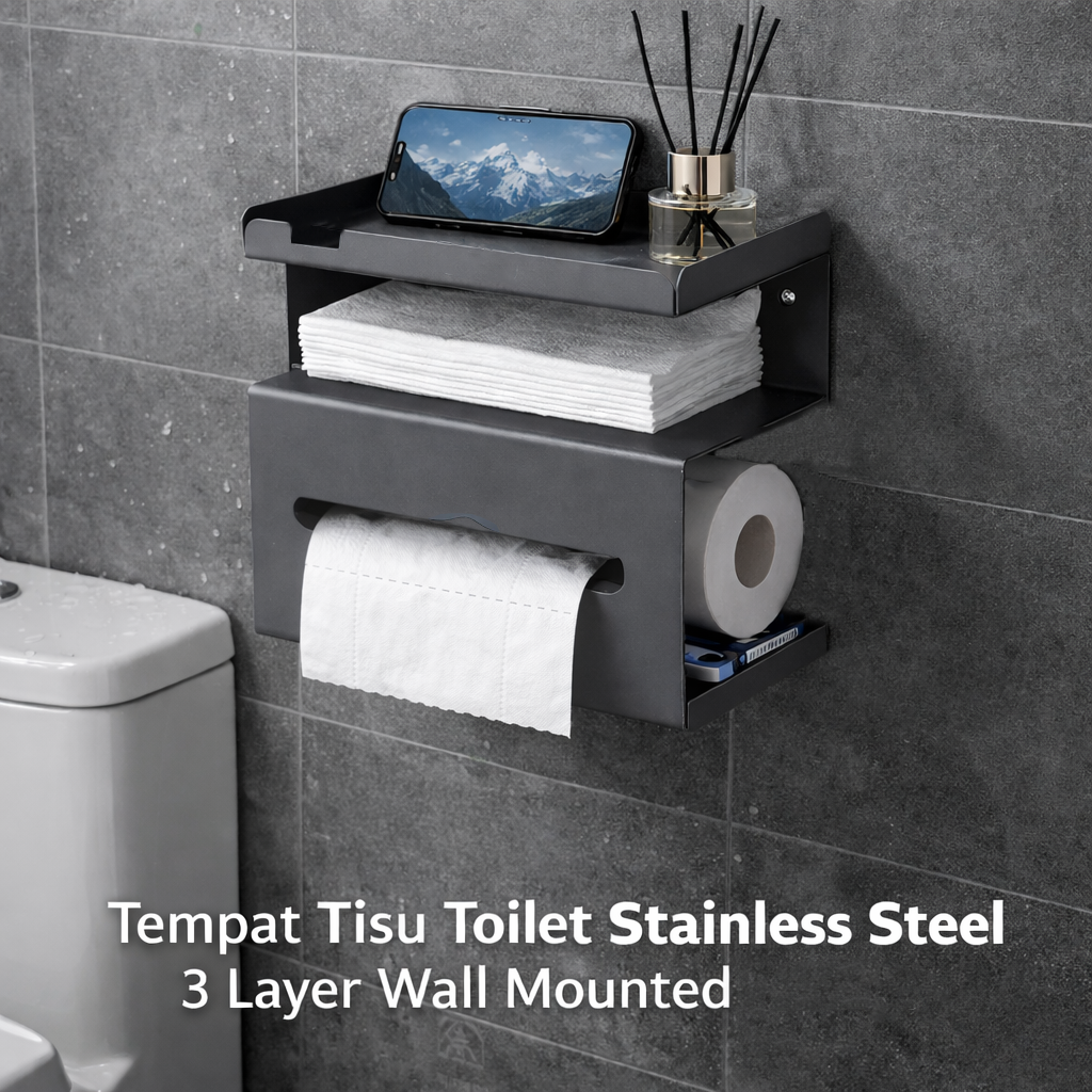 HOUSEEN Tempat Tisu Toilet Stainless Steel 3 Layer Wall Mounted - H230 Gambar produk HOUSEEN Tempat Tisu Toilet Stainless Steel 3 Layer Wall Mounted - H230
