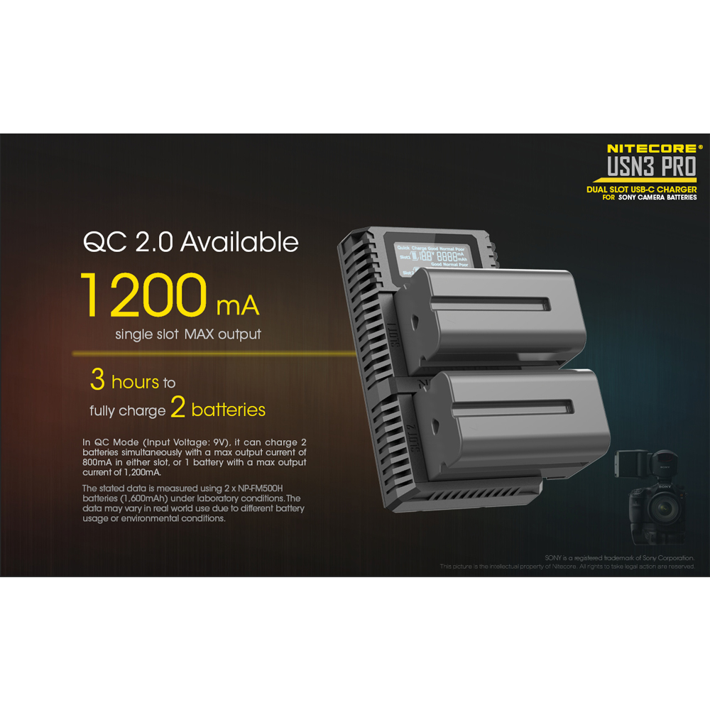 Gambar produk NITECORE Charger Baterai 2 Slot Sony NP-FM500H NP-F730 NP-F750 QC LCD - USN3 Pro