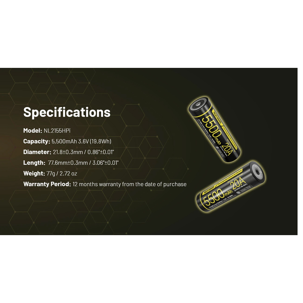 NITECORE Baterai Rechargeable 21700 3.6V 20A 5500mAh 1 PCS - NL2155HPi Gambar produk NITECORE Baterai Rechargeable 21700 3.6V 20A 5500mAh 1 PCS - NL2155HPi