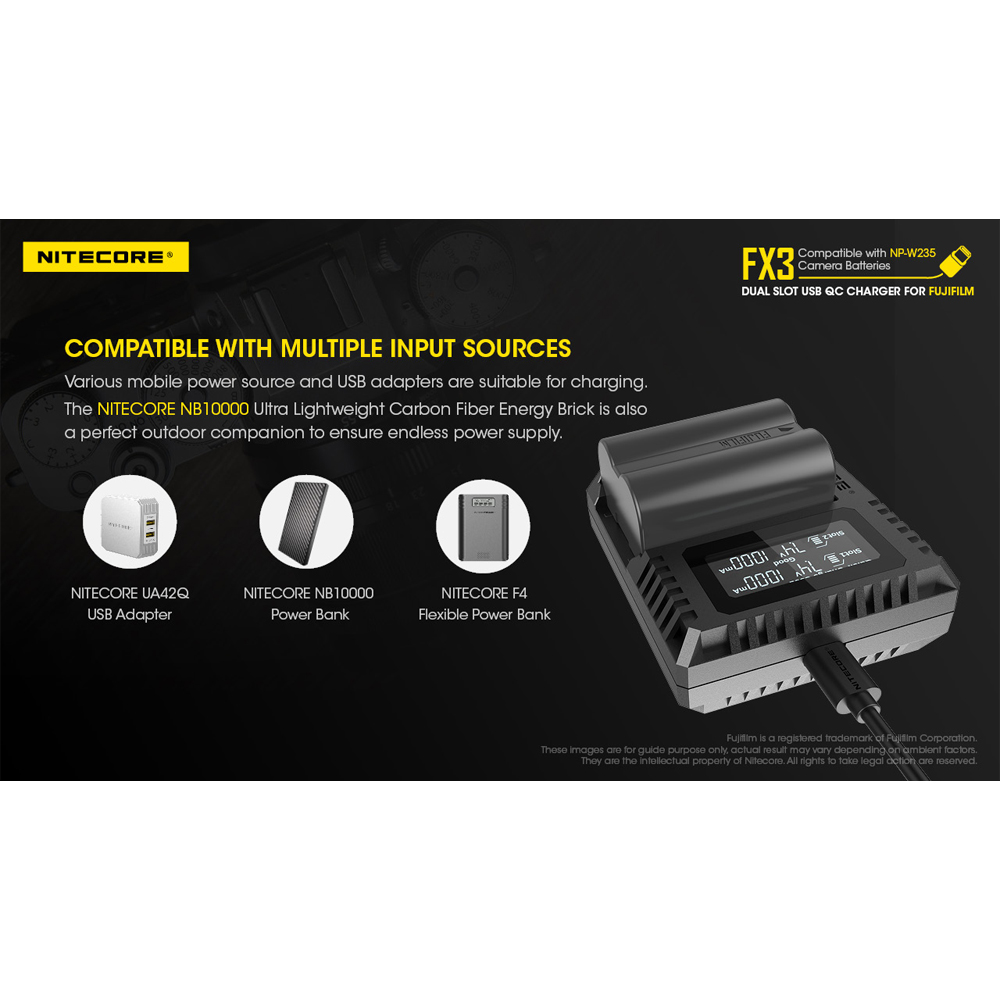 Gambar produk NITECORE Charger Baterai 2 Slot Fujifilm NP-W235 QC Digital Display - FX3