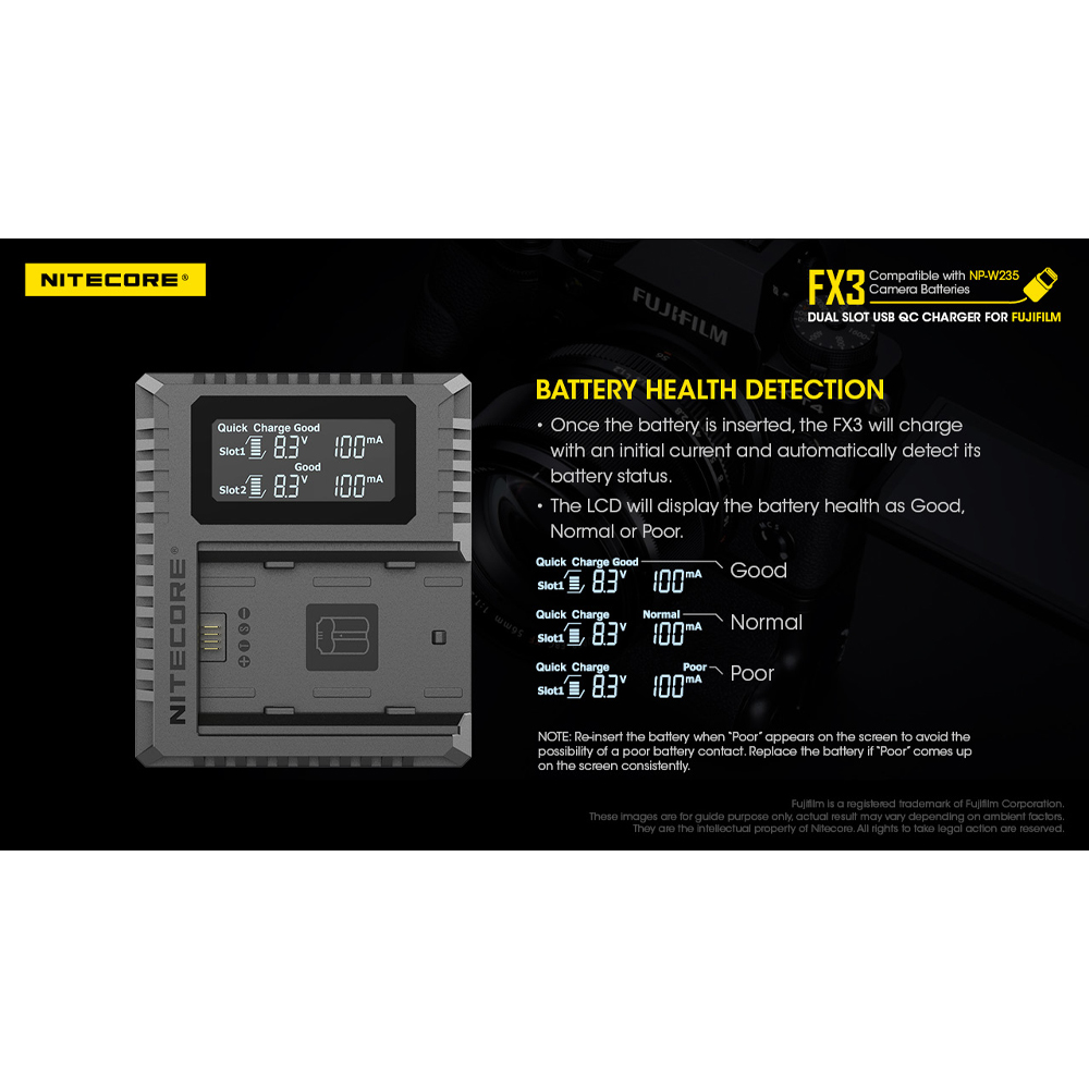 Gambar produk NITECORE Charger Baterai 2 Slot Fujifilm NP-W235 QC Digital Display - FX3
