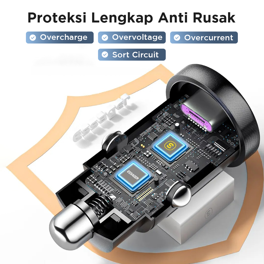 Gambar produk ESSAGER Car Charger Mobil Fast Charging PD QC 4.0 Dual USB 5A 45W - ECCAC45-TL01-P