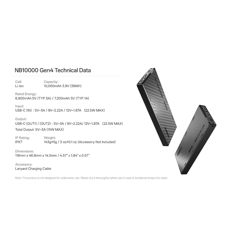 Gambar produk NITECORE Power Bank 10000mAh PD QC Carbon Fiber IPX7 USB Type C 22.5W - NB10000 Gen4