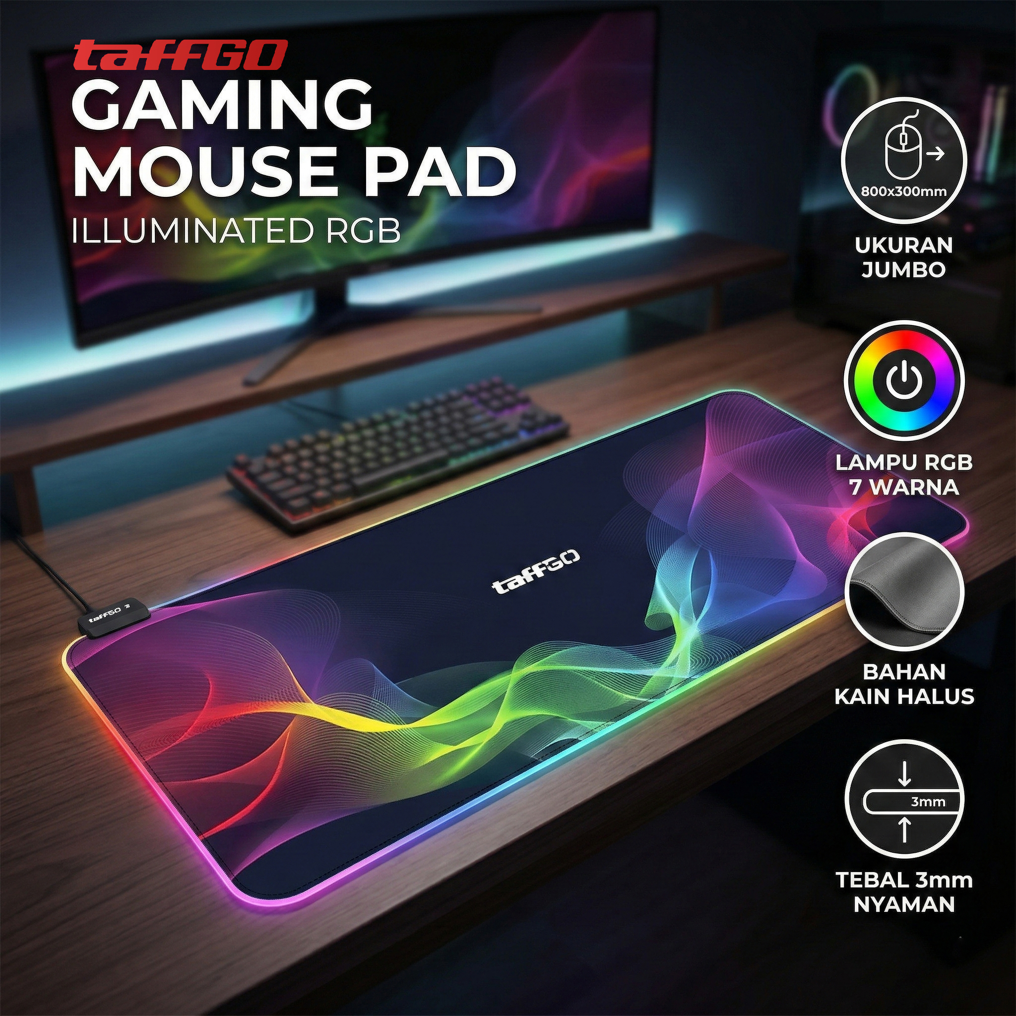 TaffGO Gaming Mouse Pad Illuminated RGB 800x300x3mm - GMS-WT-5 Gambar produk TaffGO Gaming Mouse Pad Illuminated RGB 800x300x3mm - GMS-WT-5