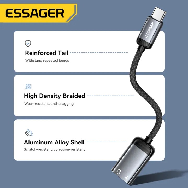 ESSAGER Kabel Adapter Audio OTG Aluminium Alloy Braided 14cm Lightning to USB C - ES-YP27 Gambar produk ESSAGER Kabel Adapter Audio OTG Aluminium Alloy Braided 14cm Lightning to USB C - ES-YP27