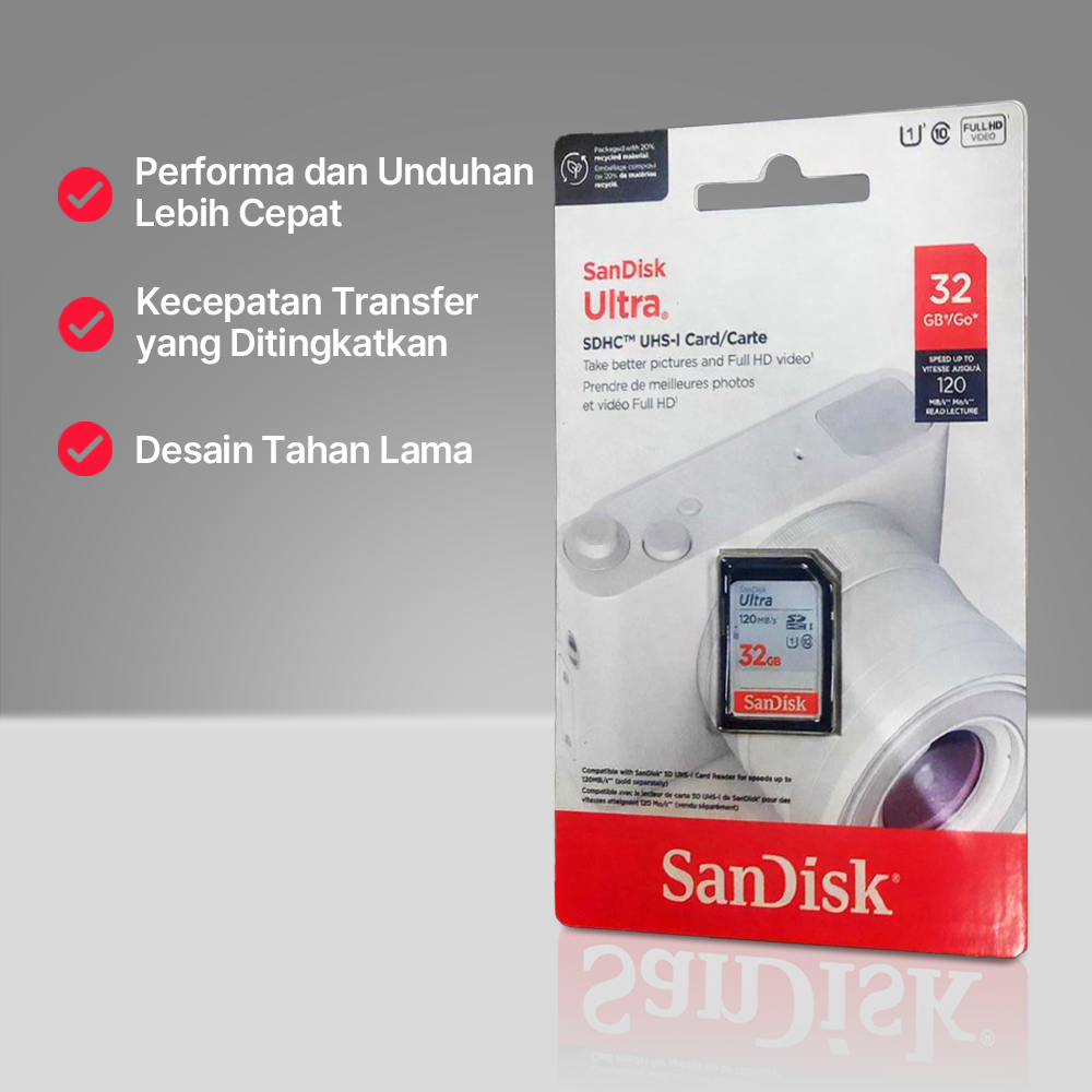 SanDisk Ultra SDXC/HC UHS-I Card Class 10 120MB/s 32GB - SDSDUN4 Gambar produk SanDisk Ultra SDXC/HC UHS-I Card Class 10 120MB/s 32GB - SDSDUN4