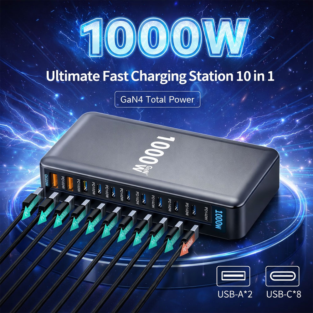 Gambar produk STONEGO Charger Station Fast Charging 10 Port USB Type C GaN3 1000W - YMX-1000W