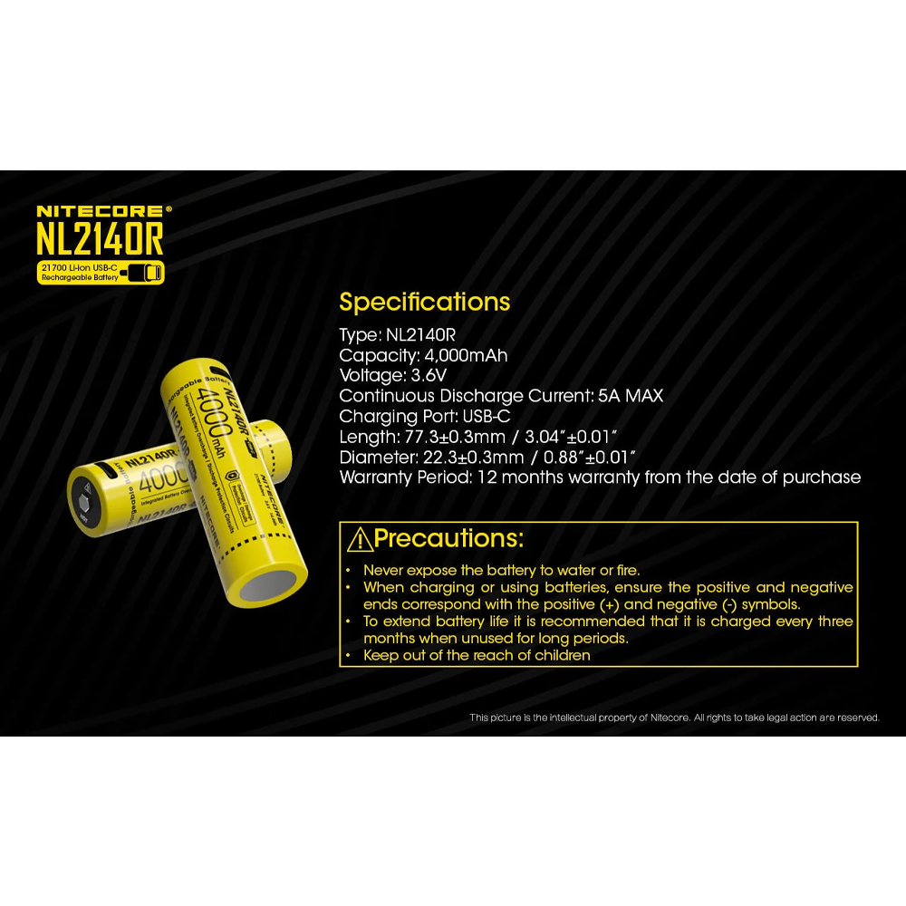 Gambar produk NITECORE Baterai Rechargeable Li-ion 21700 3.6V 5A 4000mAh 1 PCS - NL2140R