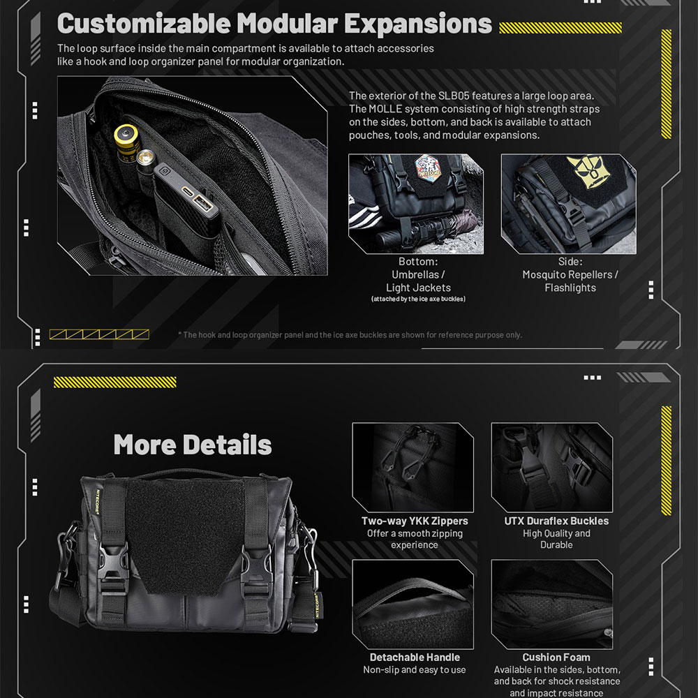 NITECORE Tas Sling Bag Tactical Modular Lightweight 500D Nylon 2L - SLB05 Gambar produk NITECORE Tas Sling Bag Tactical Modular Lightweight 500D Nylon 2L - SLB05