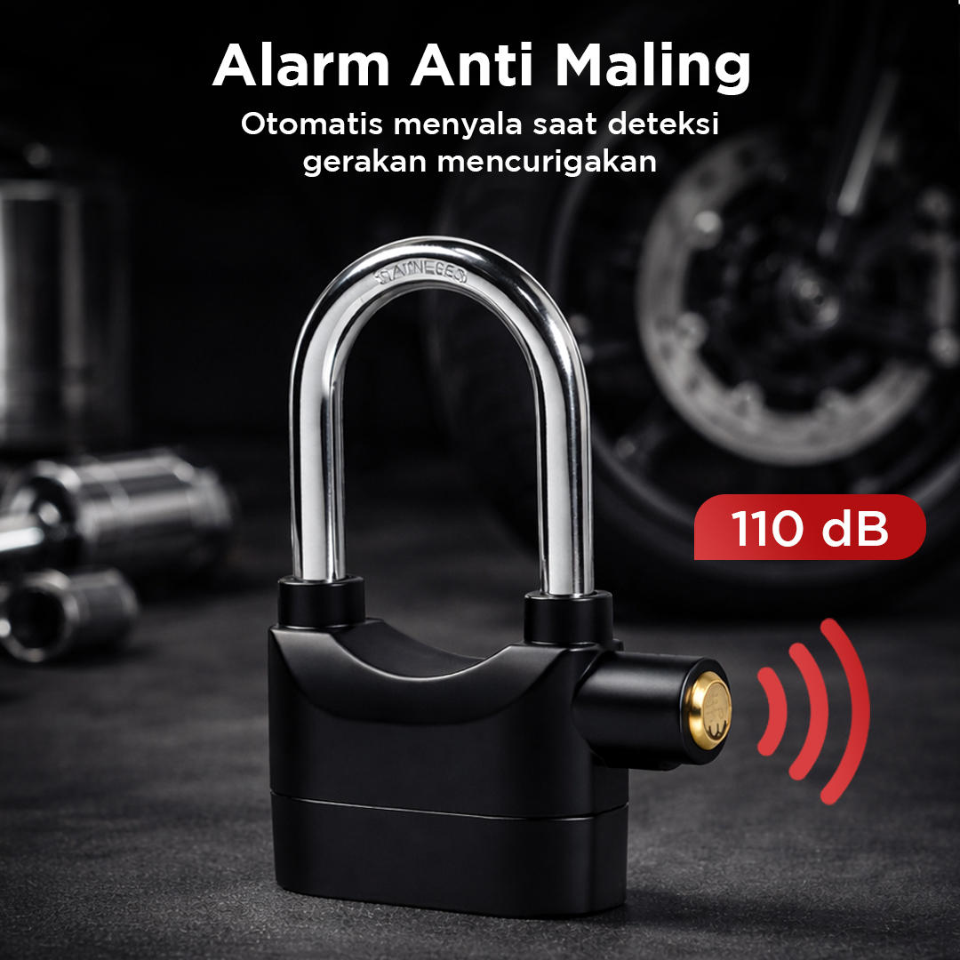 Kinbar Gembok Sepeda Motor Padlock Alarm Corrosion Resistant 110dB - 110 Gambar produk Kinbar Gembok Sepeda Motor Padlock Alarm Corrosion Resistant 110dB - 110