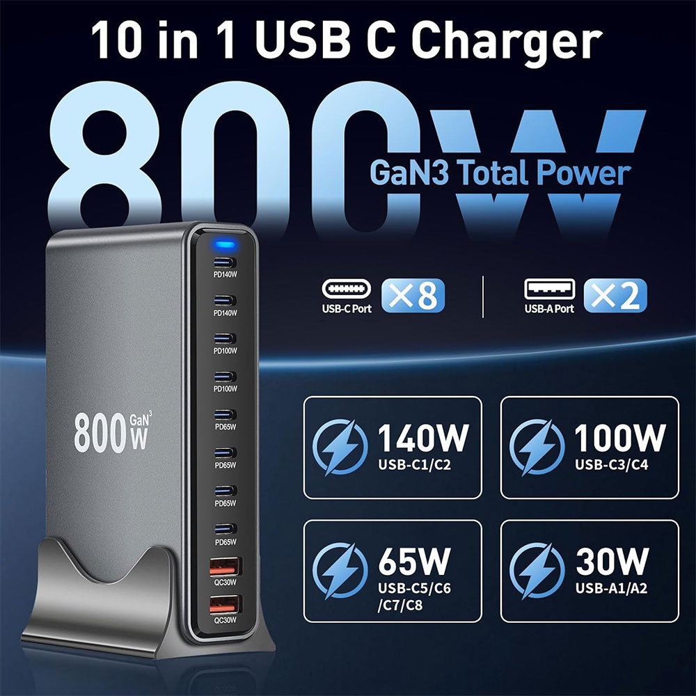 STONEGO Charger Station Fast Charging 10 Port USB Type C GaN3 800W - YMX-800W Gambar produk STONEGO Charger Station Fast Charging 10 Port USB Type C GaN3 800W - YMX-800W